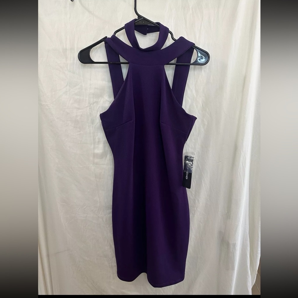 Bebe Dress Women’s XS Purple Mock Neck Strappy Crepe Dress NWT